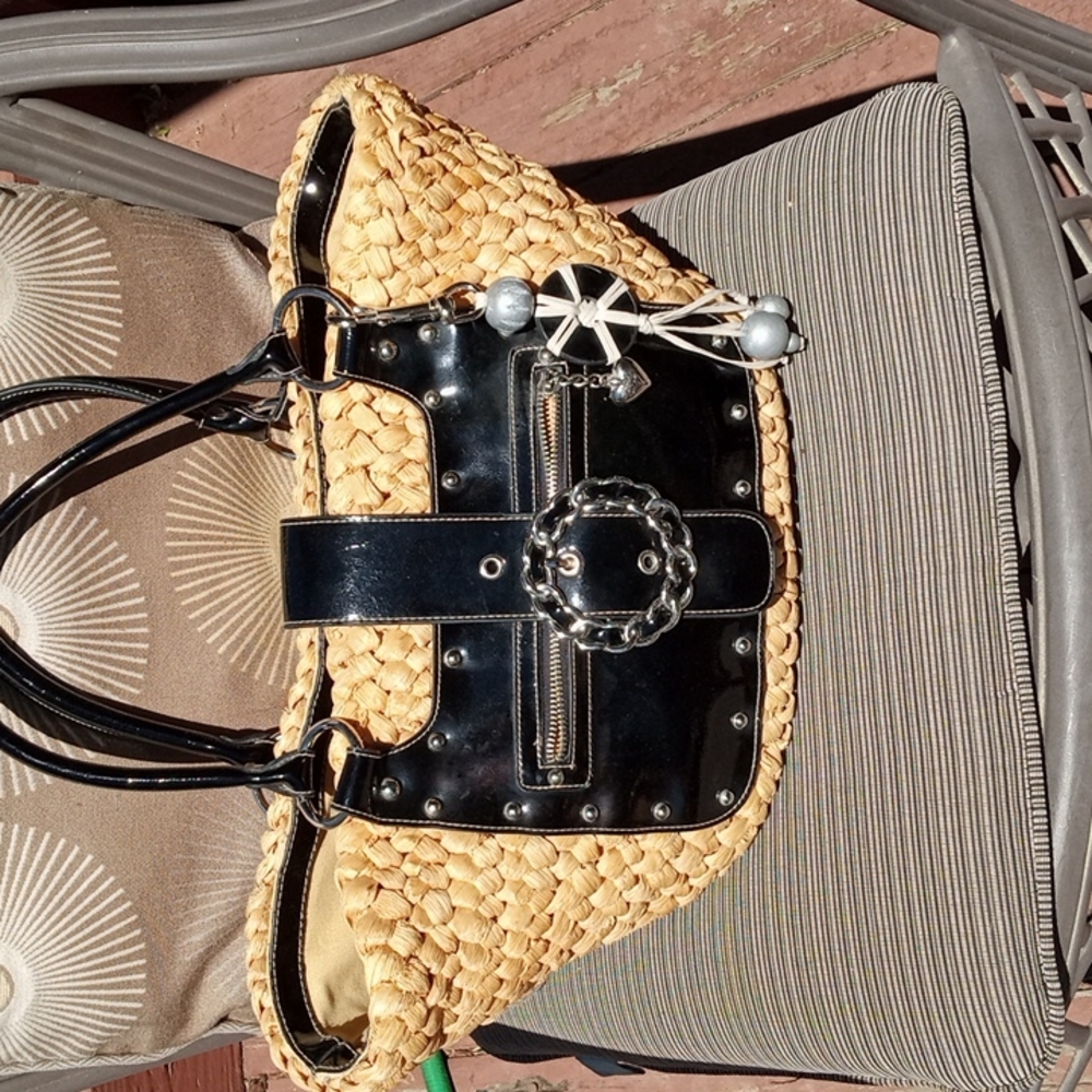 Kathy Van Zeeland Straw Tote with Black Patent Trim